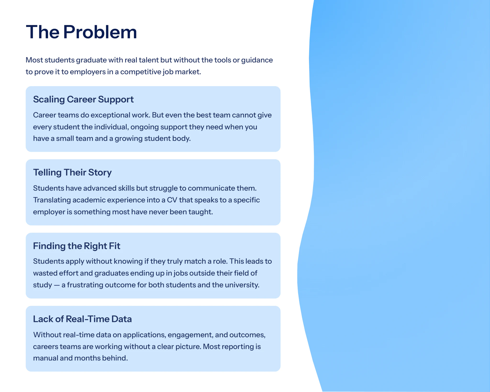 The problem: scaling career support, helping students tell their story, finding the right fit, and the lack of real-time data.