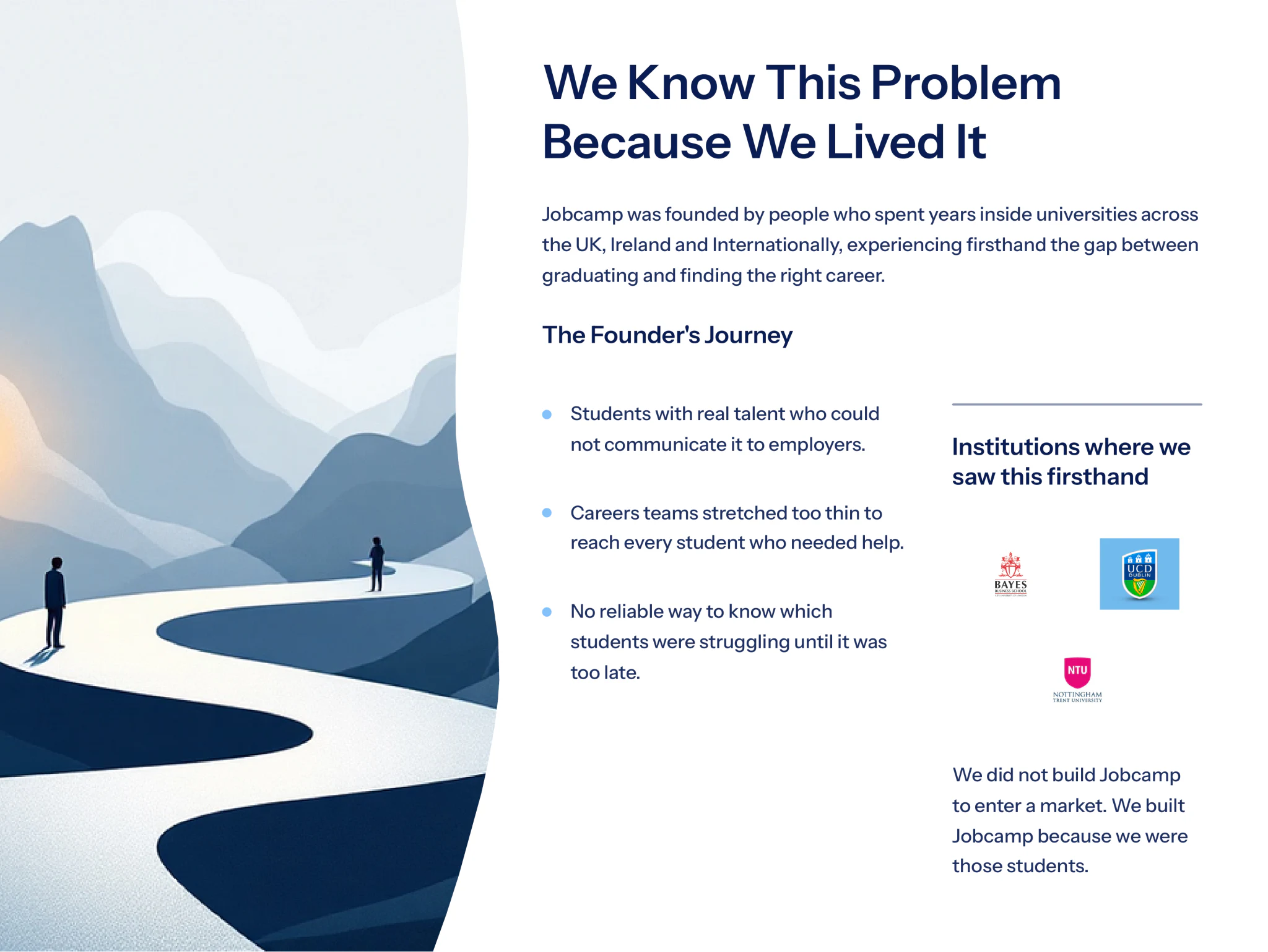 We know this problem because we lived it — the founders saw it firsthand at Bayes Business School, UCD Dublin and Nottingham Trent University.