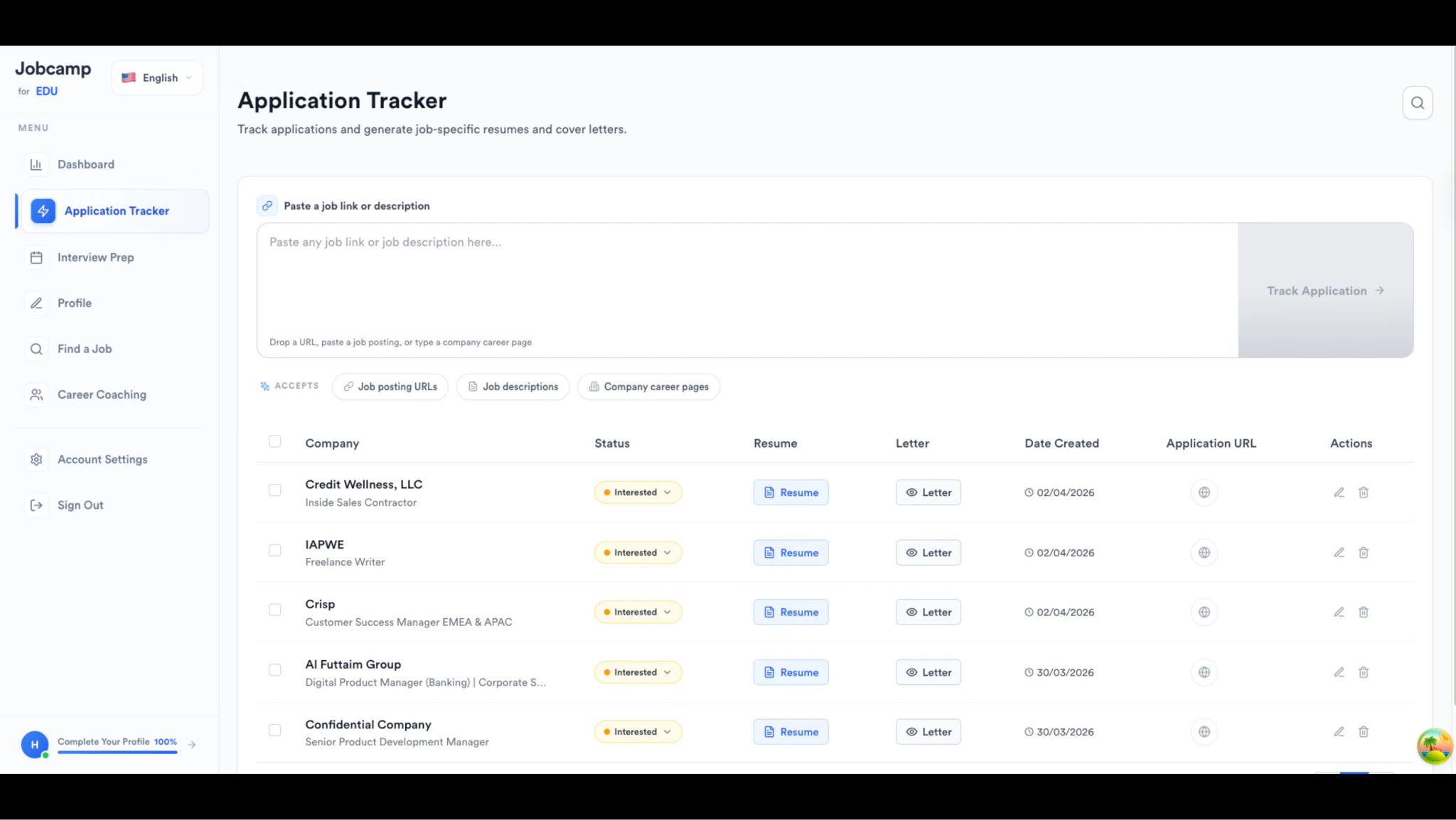 Screenshot of the Jobcamp Application Tracker showing tracked applications with status, CV and cover letter for each role.