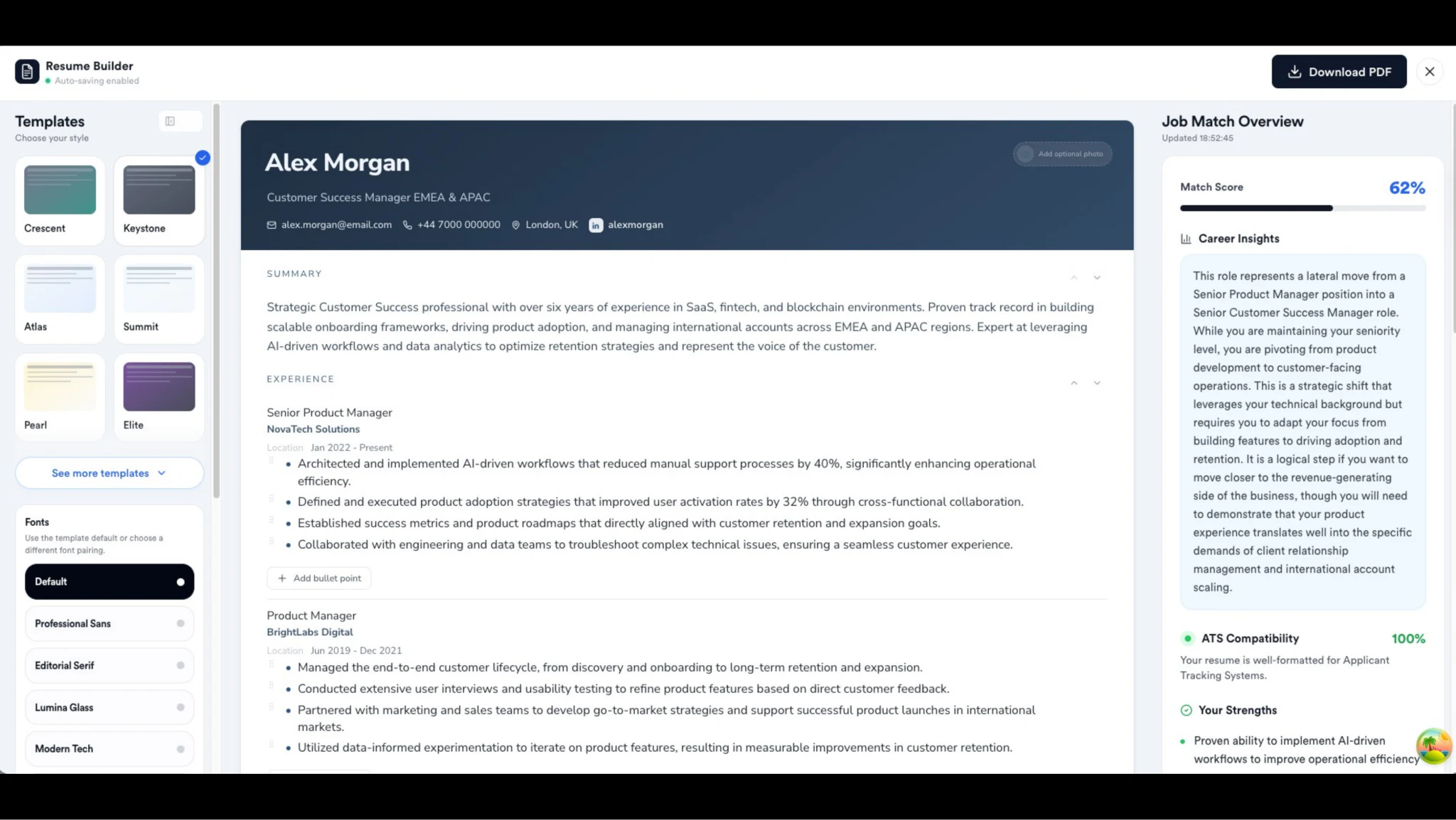 Screenshot of the Jobcamp Resume Builder with CV templates alongside a job match score and ATS compatibility panel.