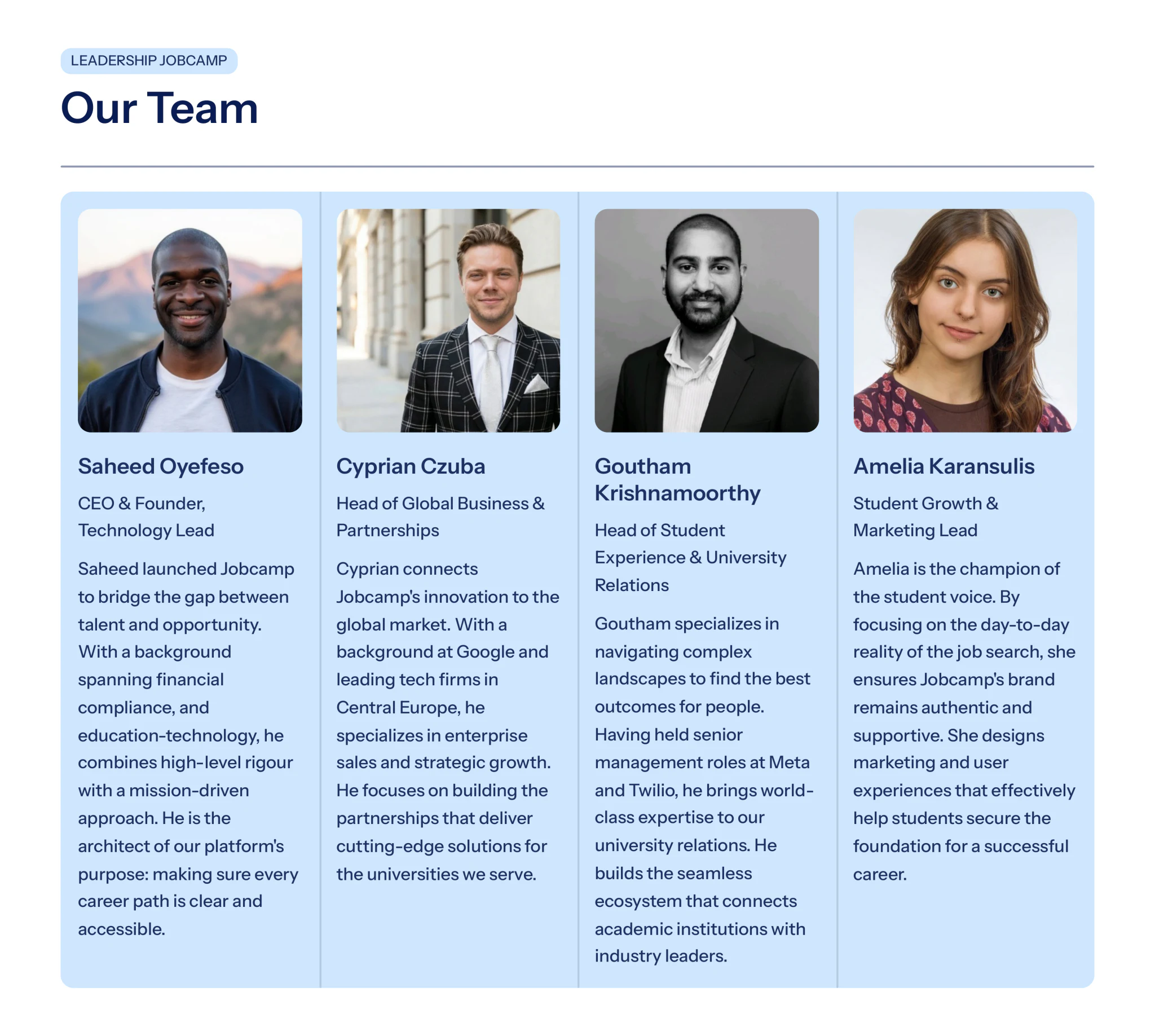 Our team: the Jobcamp leadership team and their backgrounds.