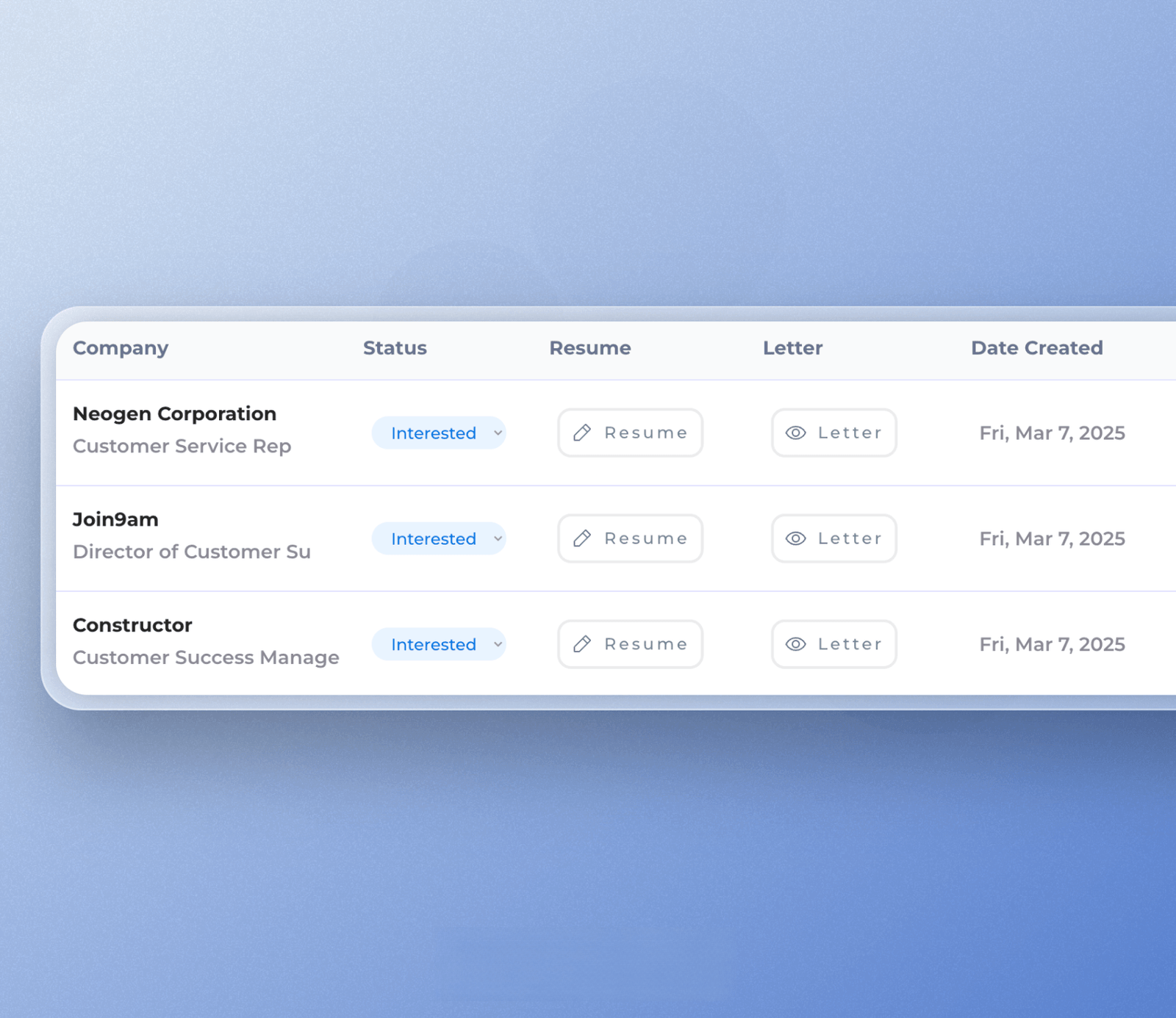 Application tracker feature